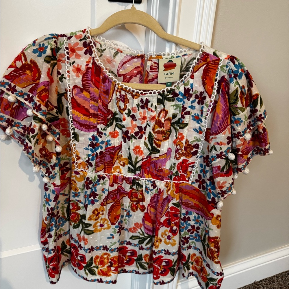 FARM Rio Vibrant Floral Blouse with Pom-Pom Trim, Size Medium
